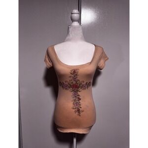 Floral FANG Med Cross Graphic T Shirt Top Beige Fitted Scoop Neck Casual Womens